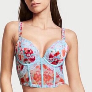 Victoria's Secret Floral Lace Bustier Corset Bra 36D Blue Romantic Cottagecore